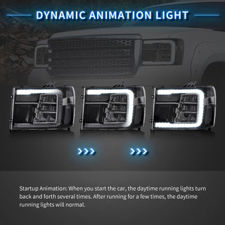 LED Reflective Bowl Headlights For [ 2007-2013 GMC Sierra 1500 2500HD 3500HD ] W/Dynamic DRL, Sequential Turn Signal,