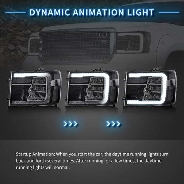 LED Reflective Bowl Headlights For [ 2007-2013 GMC Sierra 1500 2500HD 3500HD ] W/Dynamic DRL, Sequential Turn Signal,