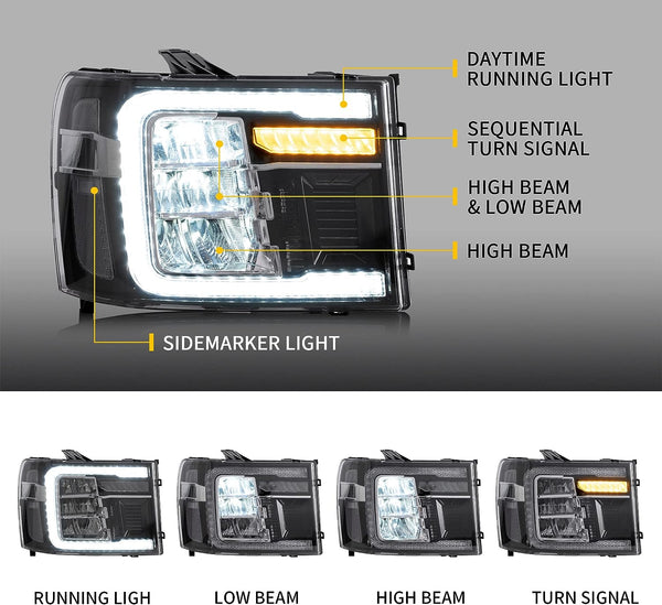 LED Reflective Bowl Headlights For [ 2007-2013 GMC Sierra 1500 2500HD 3500HD ] W/Dynamic DRL, Sequential Turn Signal,