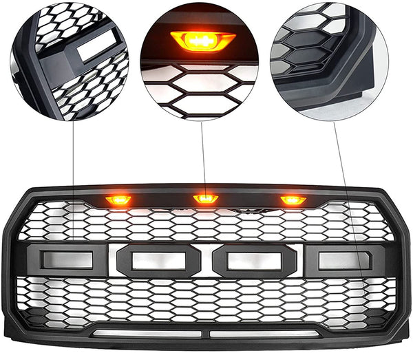 ABS Front Grille for F150 2015-2017 with 3 Amber LED Lights